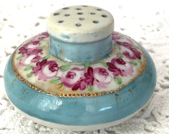 Zoutvaatje shabby chic roze roos Victoriaanse bloemen vintage vervangend stuk blauw porselein potpourri schotel