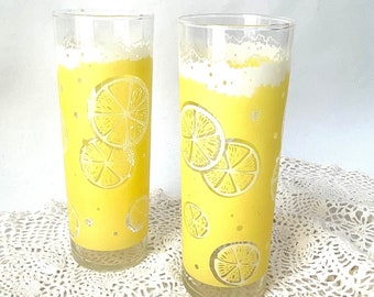 Yellow lemon tumblers frosted glasses cup barware glassware 60s 70s vintage MCM