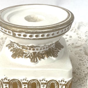 Candle holder vintage ceramic gold white shabby chic pillar taper candleholder