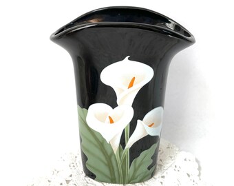 Bloemenvaas retro Calla Lilly ontwerp jaren '80 vintage zwarte keramische container met brede mond