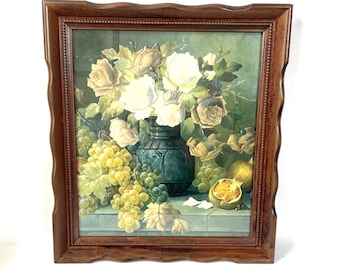 Vintage kunstprint bloemenrozen bloemenvaas fotokunstwerk muurhangend houten frame