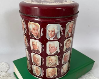 vintage tin presidents of the USA historical memorabilia stash box storage container old cookie tin