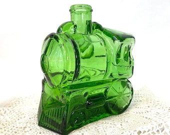 Train bottle green glass vintage suncatcher bud vase decanter collectible display