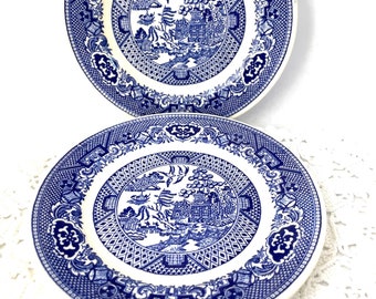 bord blauw wit Willow Ware vintage 6 inch schotel Aziatische scène Huisbomen vogels huis kobalt Wedgwood