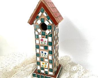 Mosaic birdhouse green white flower tiles vintage cottage farmhouse decor