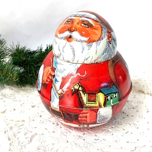 Santa tin Christmas decor vintage retro 80s collectible metal container with lid