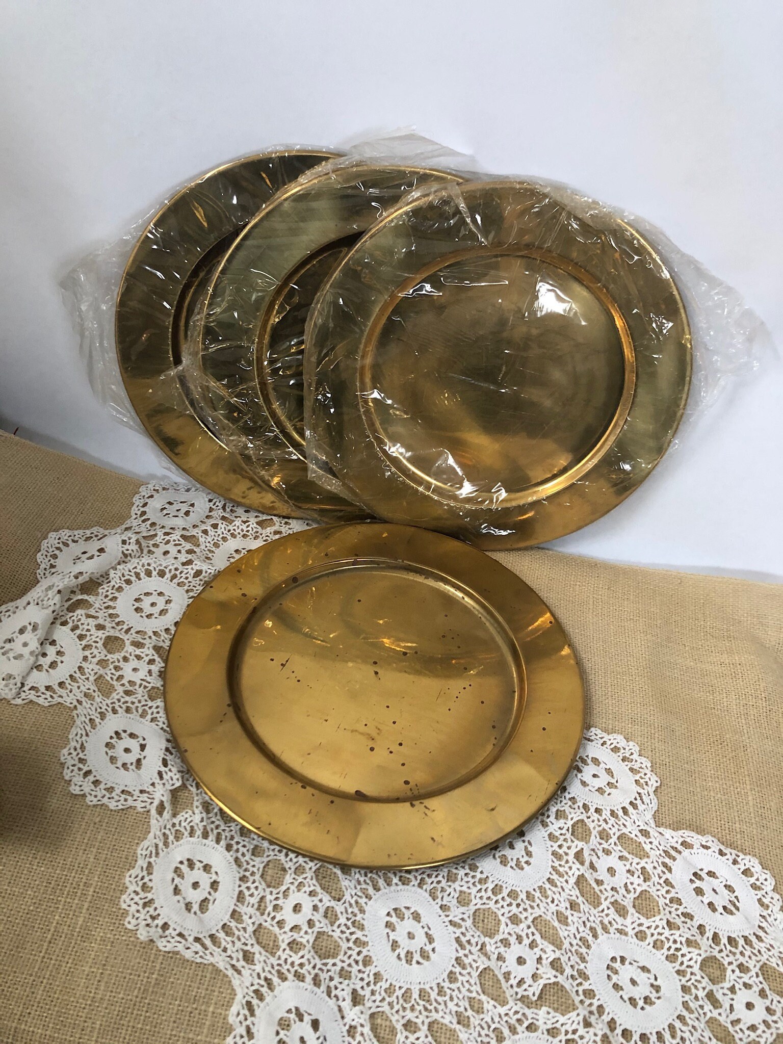 Gold charger plates four large vintage patina brass metal Etsy