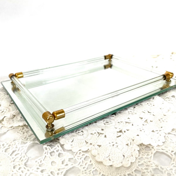 Vanity tray glass rods mirror vintage shabby chic retro storage display tray Art Deco