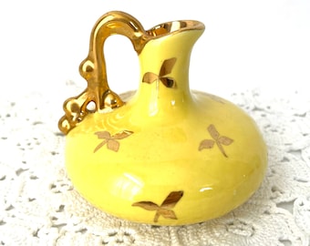 Mini pitcher bud vase ceramic yellow glaze gold gilt vintage La Pere pottery