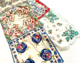 hankie table runner dresser scarf floral pink blue white vintage shabby chic spring