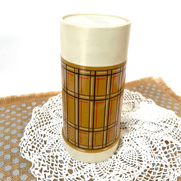 Retro thermos 10 ounce brown plaid vintage kitchen display 70s 80s