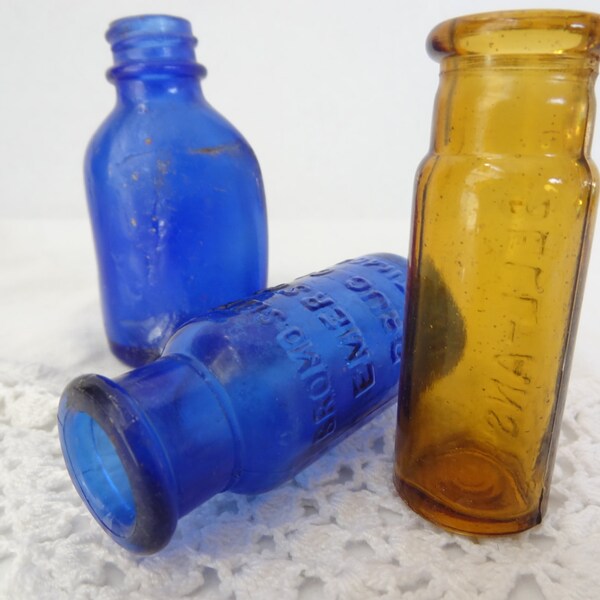 mini glass bottles vintage small vials brown amber cobalt blue