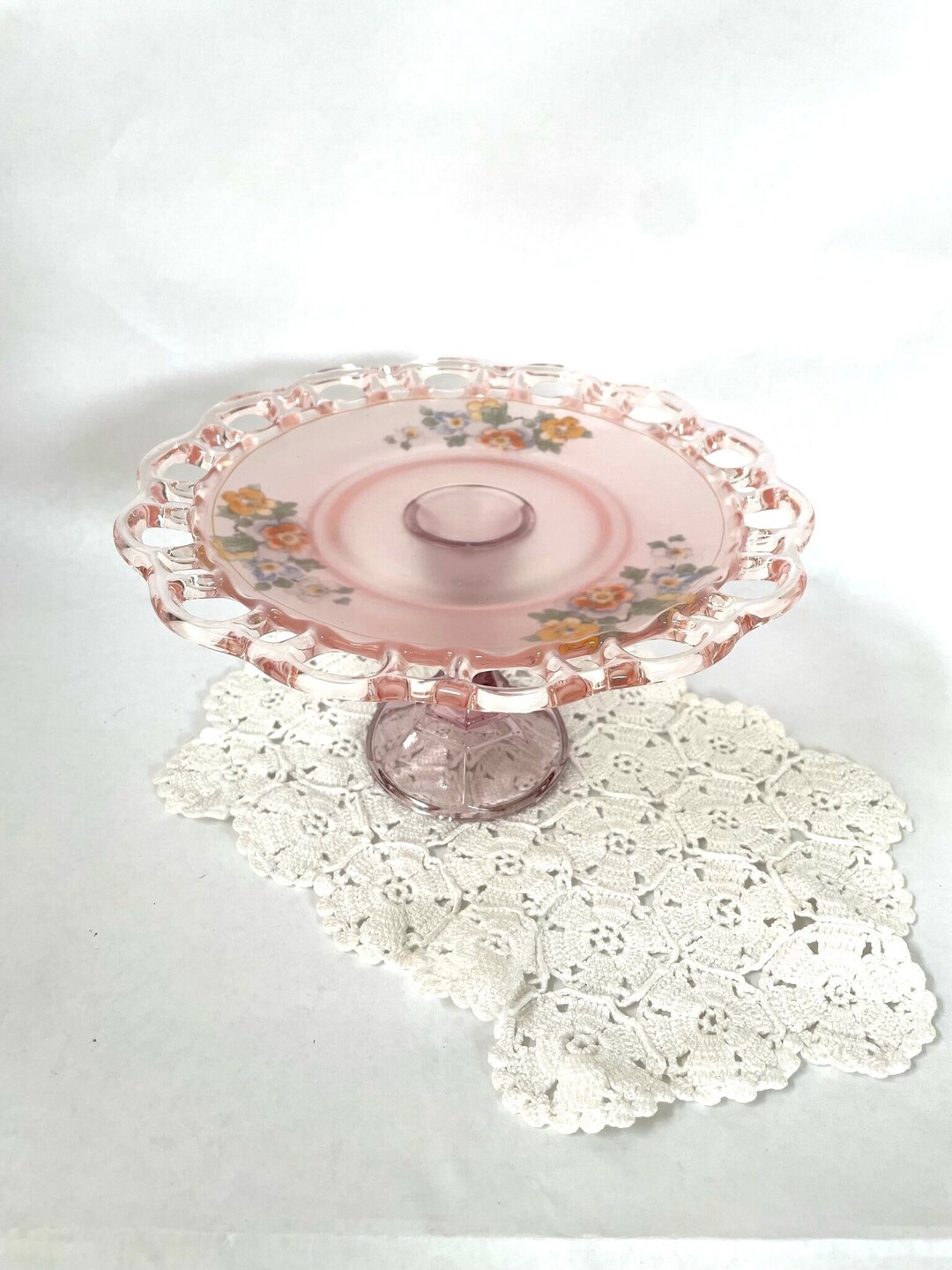 Pedestal Plate Pink Glass Serving Dish Floral Shabby Chic Etsy