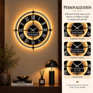 May include: A round black wall clock with Roman numerals and a central horizontal bar displaying the text Smith Family. The clock features a circular frame with integrated warm LED backlighting. Three smaller inset panels show customization options.