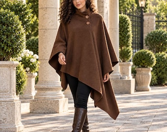 Brown Women's Poncho Cape, Button Front Shawl Wrap, Asymmetrical Fall Winter Outerwear