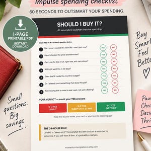 May include: A printable checklist titled SHOULD I BUY IT? with seven numbered questions to evaluate impulse spending. It includes YES and NO circles for each question, a scoring section with red, yellow, and green boxes, and a 24-hour rule explanation.