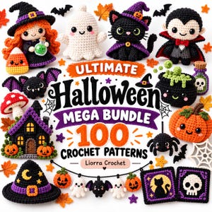 Może przedstawiać: Kolekcja szydełkowych figurek na Halloween, w tym czarownica, duch, czarny kot, wampir, nietoperz, kociołek, dynia, pająk i nawiedzony dom. Centralny tekst brzmi Ultimate Halloween Mega Bundle 100 Crochet Patterns Liorra Crochet.