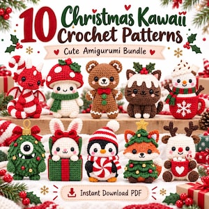 Può includere: Un grafico digitale che mostra 10 schemi per uncinetto natalizi Kawaii, con figure amigurumi tra cui un drago bastoncino di zucchero, fungo, orso pan di zenzero, gatto budino, pupazzo di neve, mostro, coniglio in regalo, pinguino, volpe e renna.