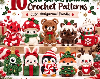 Op de afbeelding: Een digitale afbeelding met 10 kerst Kawaii haakpatronen, met amigurumi figuren waaronder een zuurstok draak, paddenstoel, peperkoek beer, pudding kat, sneeuwpop, monster, konijn in een cadeau, pinguïn, vos en een rendier.