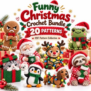 Op de afbeelding: Een verzameling van 20 haakpatronen getiteld Funny Christmas Crochet Bundle. De afbeelding toont een chagrijnige peperkoekman, een kat in een cadeau, een kerstman, een pingu&iuml;n, een rendier, een teckel en een kikker in feestelijke kleding.