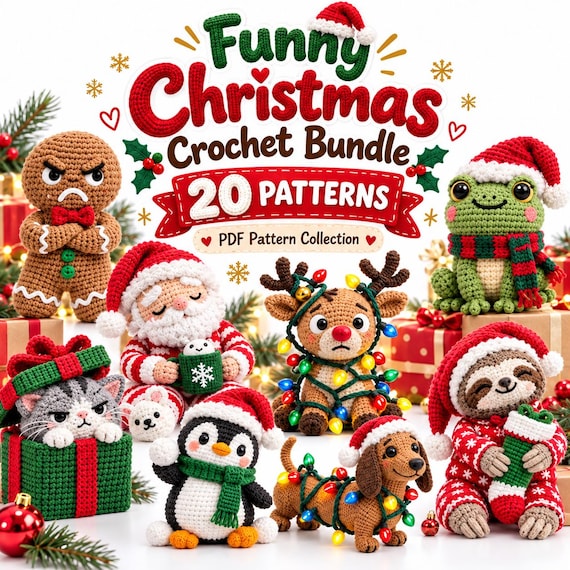 20 Funny Christmas Amigurumi Patterns | Beginner-Friendly Crochet Bundle (PDF)