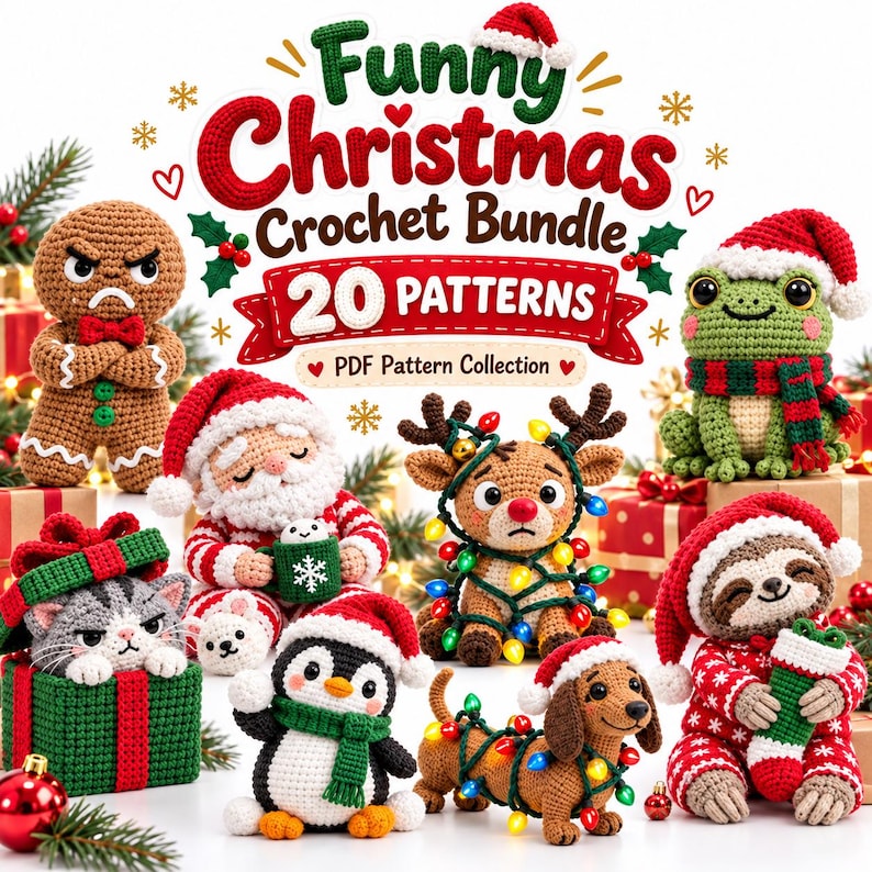Op de afbeelding: Een verzameling van 20 haakpatronen getiteld Funny Christmas Crochet Bundle. De afbeelding toont een chagrijnige peperkoekman, een kat in een cadeau, een kerstman, een pingu&iuml;n, een rendier, een teckel en een kikker in feestelijke kleding.