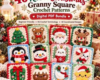 Op de afbeelding: Een digitaal PDF-pakket getiteld 40 Kawaii Christmas Granny Square Crochet Patterns met 12 vierkante haakmotieven met feestelijke ontwerpen, waaronder een boom, beer, kerstman, rendier, pinguïn, sneeuwpop, konijn, zuurstok, cadeau, pudding, gans en ster.