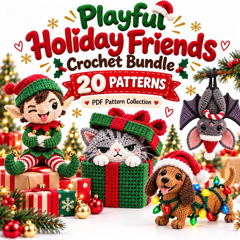 Op de afbeelding: Een haakpatronenbundel genaamd Playful Holiday Friends met 20 patronen. De afbeelding toont een gehaakte elf, een kat in een groene geschenkdoos, een hangende vleermuis en een teckel omwikkeld met kleurrijke kerstverlichting.