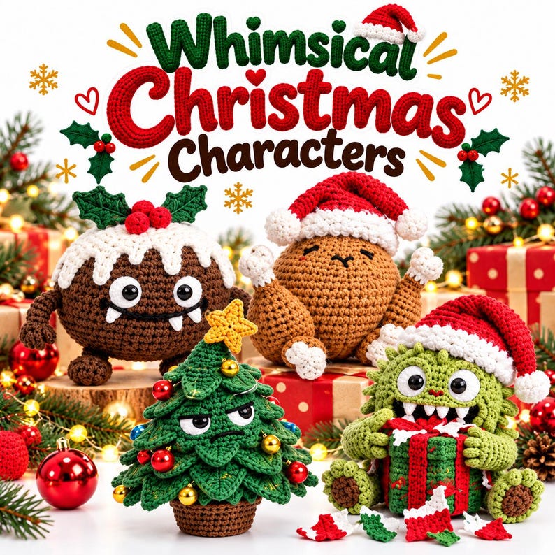 Op de afbeelding: Vier gehaakte kerstfiguren waaronder een bruine pudding met hulst, een beige kalkoen met kerstmuts, een groene boom met een gele ster en een groen monster met een cadeau, met de tekst Whimsical Christmas Characters erboven.