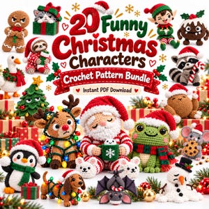 Op de afbeelding: Een verzameling van 20 gehaakte kerstfiguren waaronder de kerstman, een rendier, een pingu&iuml;n, een kikker en een sneeuwpop, met de tekst 20 Funny Christmas Characters Crochet Pattern Bundle Instant PDF Download in het midden.