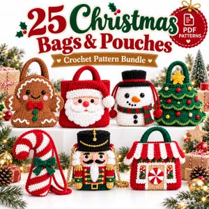 以下が含まれることがあります： 「25 Christmas Bags & Pouches」と題されたかぎ針編みのパターンセット。ジンジャーブレッドマン、サンタクロース、雪だるま、クリスマスツリー、キャンディケイン、くるみ割り人形、ジンジャーブレッドハウス型のバッグという7つの編みぐるみ作品が並んでいます。
