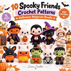 以下が含まれることがあります： Liorra Crochetによる「10 Spooky Friends Crochet Patterns Halloween Amigurumi Bundle」のデジタルカバー。カボチャの魔女、幽霊、吸血鬼、猫、ミイラ、コウモリ、キャンディコーン、カエル、ウサギ、フランケンシュタインなど、10体の編みぐるみが描かれています。