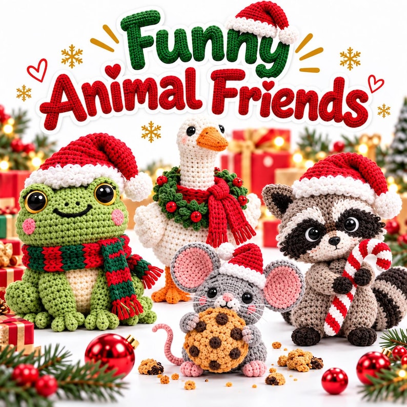 Op de afbeelding: Een verzameling van vier gehaakte dieren, waaronder een groene kikker, een witte gans, een grijze muis en een wasbeer, allemaal met kerstmutsen op. De tekst "Funny Animal Friends" staat erboven. De dieren hebben feestelijke accessoires zoals sjaals, een krans en een zuurstok.