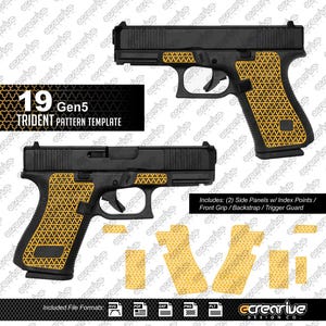 Puede incluir: Una plantilla digital para pistola 19 Gen5 con un revestimiento de agarre de patrón de tridente amarillo. El diseño incluye paneles laterales con puntos de índice, agarre frontal, correa trasera y guardamonte. Texto: 19 Gen5 TRIDENT PATTERN TEMPLATE.