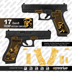 Puede incluir: Una pistola semiautomática negra con un patrón de agarre personalizado en naranja y negro, que presenta un retrato de Donald Trump y un emblema de águila estadounidense. El set incluye paneles laterales, puntos y accesorios.