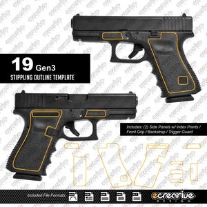 Puede incluir: Una plantilla digital de contorno de punteado para pistola 19 Gen3, con dos siluetas negras de armas de fuego con marcas de borde naranja. El diseño incluye paneles laterales con puntos de índice, agarre frontal y guardamonte.