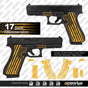 Puede incluir: Una pistola semiautomática negra con un patrón de bandera estadounidense amarilla en la empuñadura, corredera y armazón. El set incluye paneles laterales con puntos de índice, empuñadura delantera, lomo y guardamonte para un modelo Gen5.
