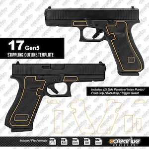 Op de afbeelding: Een zwart 17 Gen5 stippling omtrek sjabloon met twee aanzichten van een handvuurwapen, waarbij oranje lijnen de grip, backstrap en trekkerbeugel markeren. De tekst bevat 17 Gen5 STIPPLING OUTLINE TEMPLATE en iconen voor bestandsformaten.