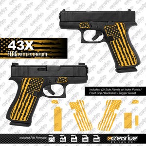 Puede incluir: Una pistola semiautomática negra con un patrón de bandera estadounidense amarilla en la empuñadura, el panel lateral y el guardamonte. La imagen muestra una plantilla de patrón de bandera 43X con dos paneles laterales y puntos de índice.