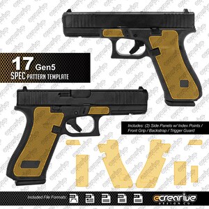 Puede incluir: Una plantilla digital para un arma de fuego 17 Gen5 con paneles de agarre texturizados en negro y amarillo. El diseño incluye paneles laterales con puntos de índice, agarre frontal, correa trasera y guardamonte. Texto 17 Gen5 SPEC PATTERN TEMPLATE.