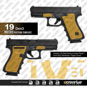 May include: A black semi-automatic pistol featuring a yellow matrix pattern template applied to the grip, side panel, and frame. The text 19 Gen3 MATRIX PATTERN TEMPLATE and Includes: (2) Side Panels w/ Index Points / Front Grip / Backstrap / Trigger Guard are visible.