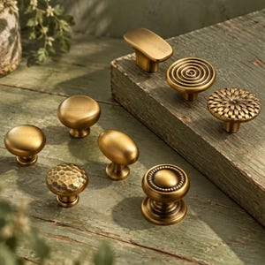 May include: A collection of eight brass-toned metal cabinet knobs in various shapes and textures, including smooth round, oval, hammered, and concentric circle designs, arranged on a weathered wooden surface with visible grain and natural light.