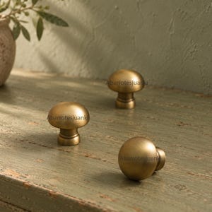 May include: Three mushroom-shaped cabinet knobs with a brushed brass finish. Each knob features a smooth, rounded top and a cylindrical base. The text Abarrotesjuanki is visible on each of the three metal hardware pieces displayed in the image.