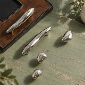 Modern Pebble Cabinet Knob, Titanium Silver Brass Drawer Pull, Irregular Stone Shape Handle, Bauhaus Minimalist Furniture Hardware