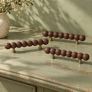 Walnut Wood Brass Cabinet Knobs, Vintage Round Drawer Pulls, Mid Century Wardrobe Handles, Rustic Dresser Hardware