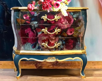 Country French Bombe Chest | Eclectic Floral Hand-Painted Chest | Accent End Table