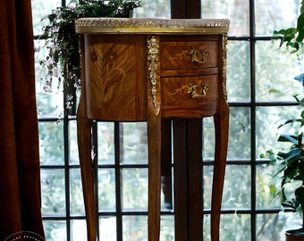 Louis XV Style Marquetry Kingwood Two-Drawer Side Table | Kidney Shaped Inlay Mahogany Nightstand or End Table