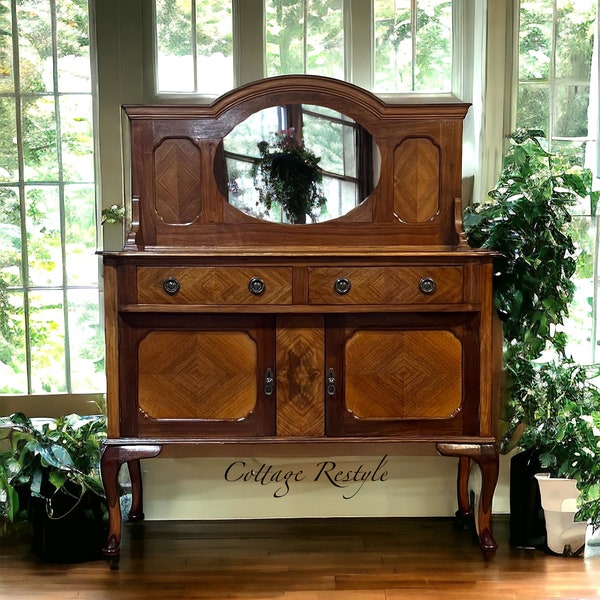 Vintage Oak Sideboard Server | Beveled Mirror | All Wood Buffet | Circa 1900s