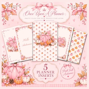 Può includere: Cinque inserti per agenda con un tema di zucche rosa e arancioni, fiocchi e fogliame autunnale. Il testo recita Once Upon A Planner, Hello Autumn, 5 Planner Inserts e Pink Fall Autumn. Il design include motivi ripetuti di zucche.