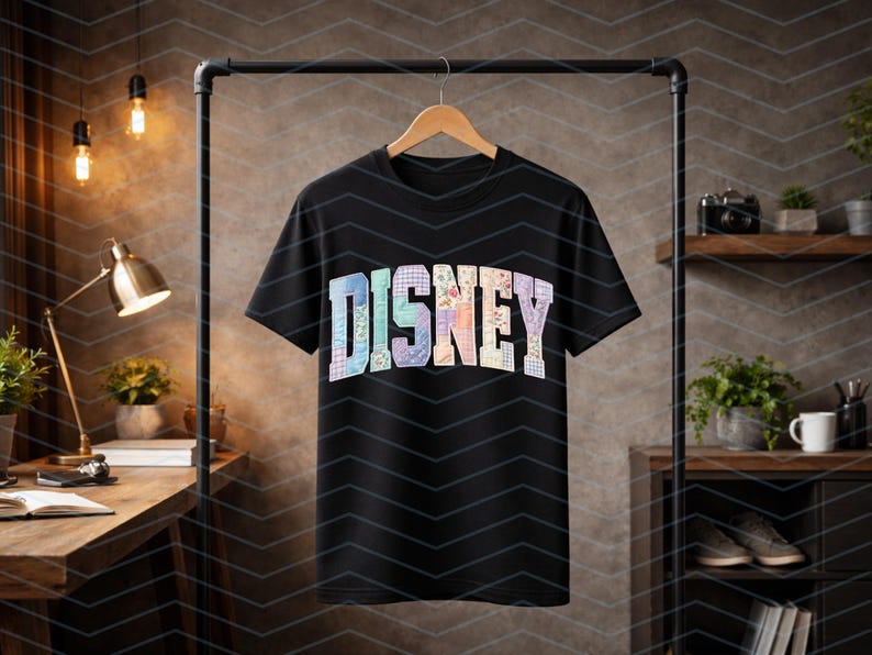 May include: A black short-sleeve t-shirt featuring the word DISNEY in large, block-style letters across the chest. Each letter is filled with a unique, colorful floral and plaid patchwork pattern in pastel shades of blue, pink, and yellow.